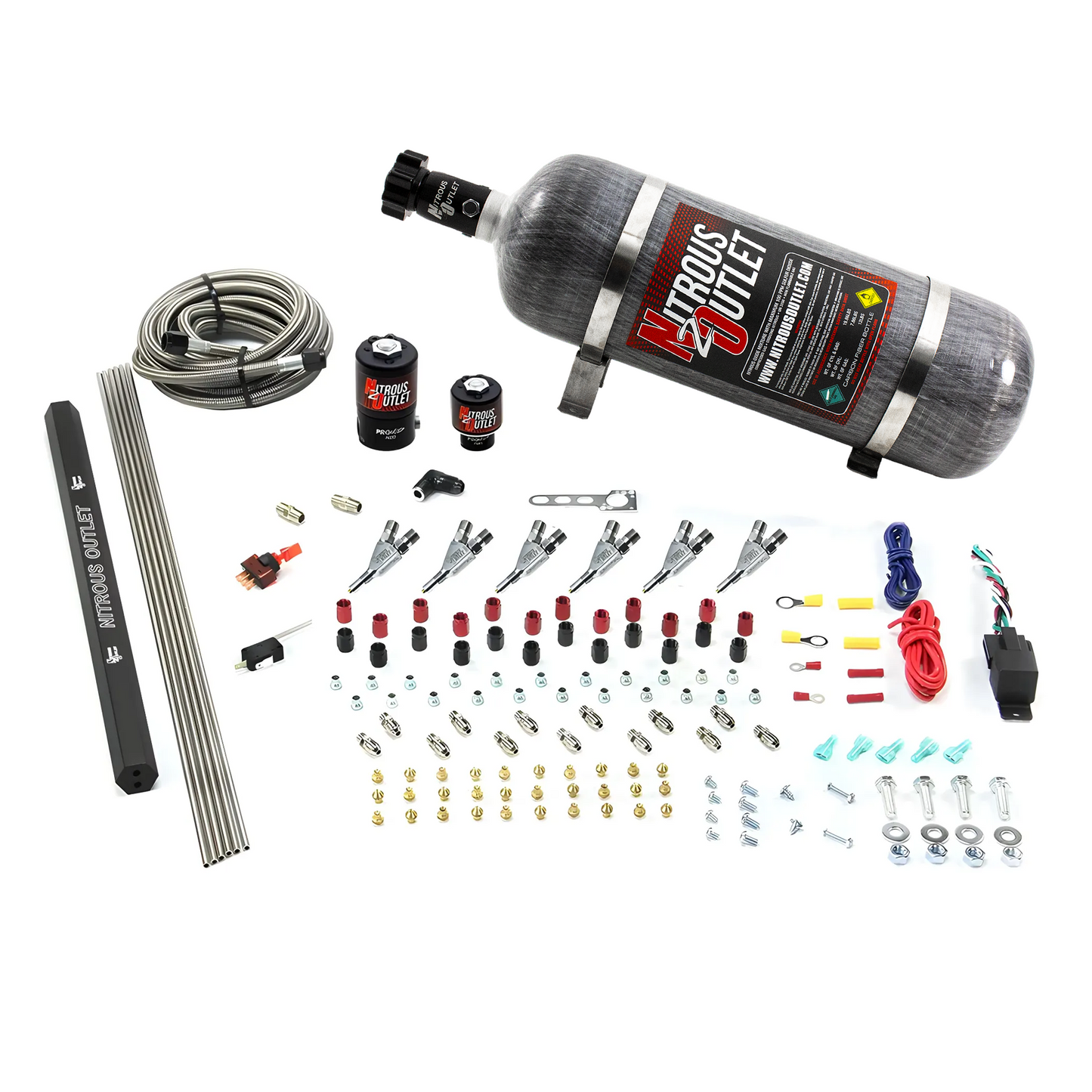 Nitrous Outlet 6 Cylinder Direct Port System - .122 Nitrous Solenoids/.177 Fuel Solenoids/Dual Passage Injection Rail/Annular Discharge Nozzles (Gas)(45-55 psi)(75-375HP)(12lb Bottle)
