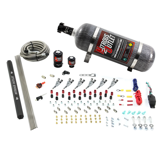 Nitrous Outlet 6 Cylinder Direct Port System - .122 Nitrous Solenoids/.177 Fuel Solenoids/Dual Passage Injection Rail/Annular Discharge Nozzles (Gas)(45-55 psi)(75-375HP)(12lb Bottle)