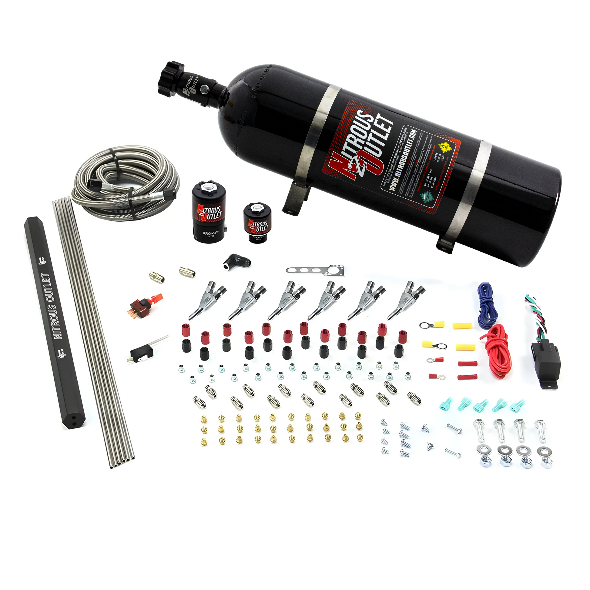 Nitrous Outlet 6 Cylinder Direct Port System - .122 Nitrous Solenoids/.177 Fuel Solenoids/Dual Passage Injection Rail/Annular Discharge Nozzles (Gas)(45-55 psi)(75-375HP)(15lb Bottle)