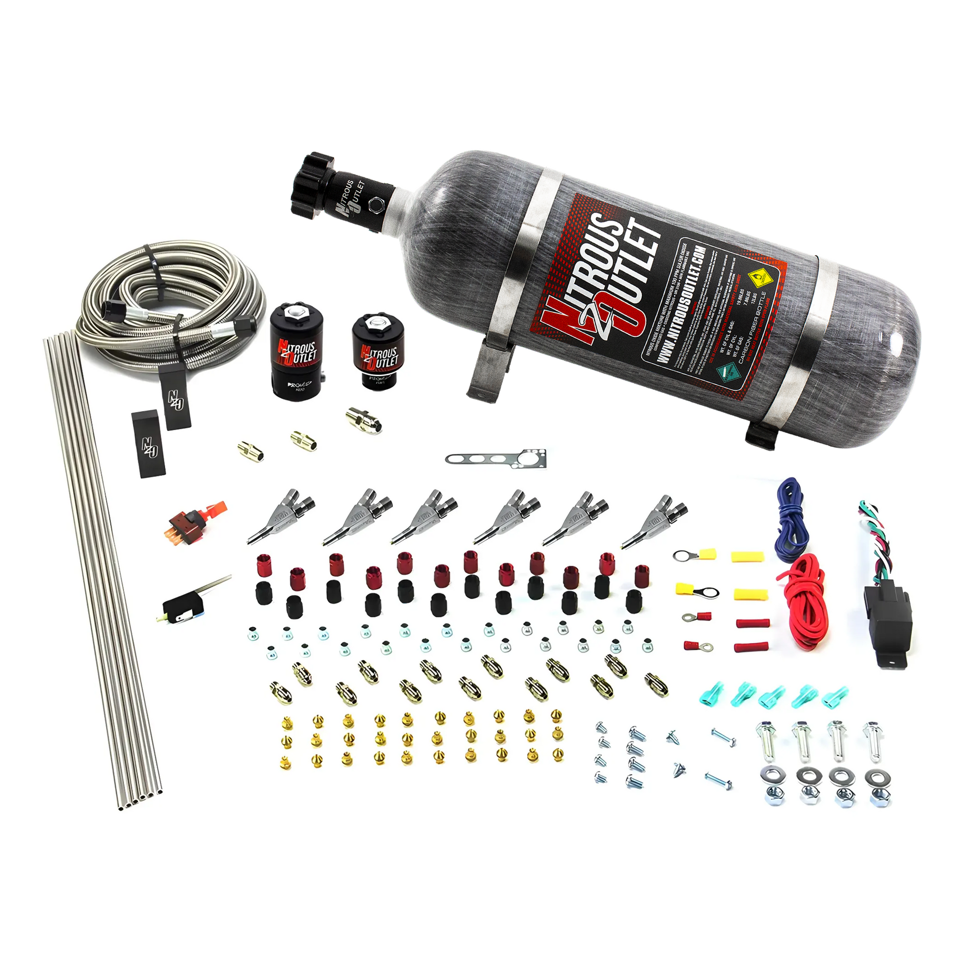 Nitrous Outlet 6 Cylinder Direct Port System - .122 Nitrous Solenoid/.177 Fuel Solenoid/Distribution Blocks/Annular Degree Discharge Nozzles (E85)(45-55 psi)(12lb Bottle)