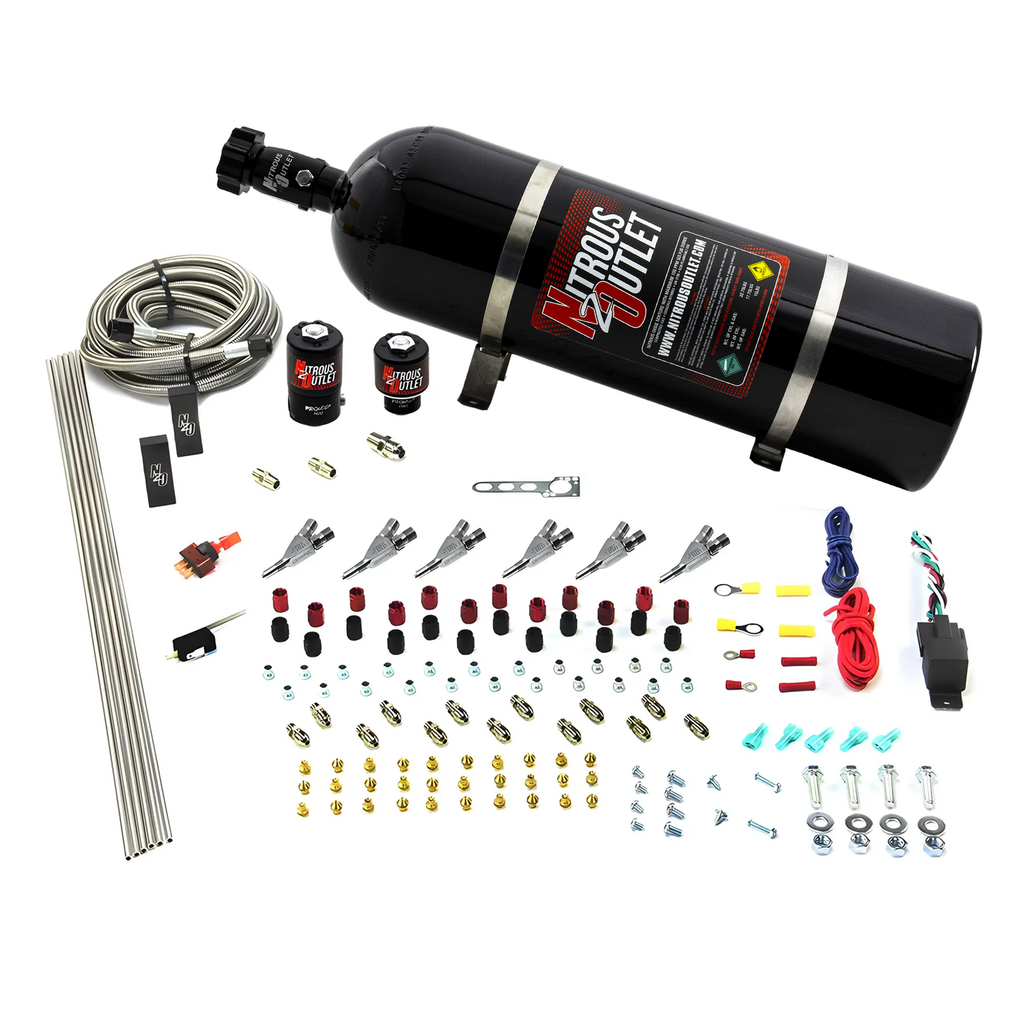 Nitrous Outlet 6 Cylinder Direct Port System - .122 Nitrous Solenoid/.177 Fuel Solenoid/Distribution Blocks/Annular Degree Discharge Nozzles (E85)(45-55 psi)(15lb Bottle)