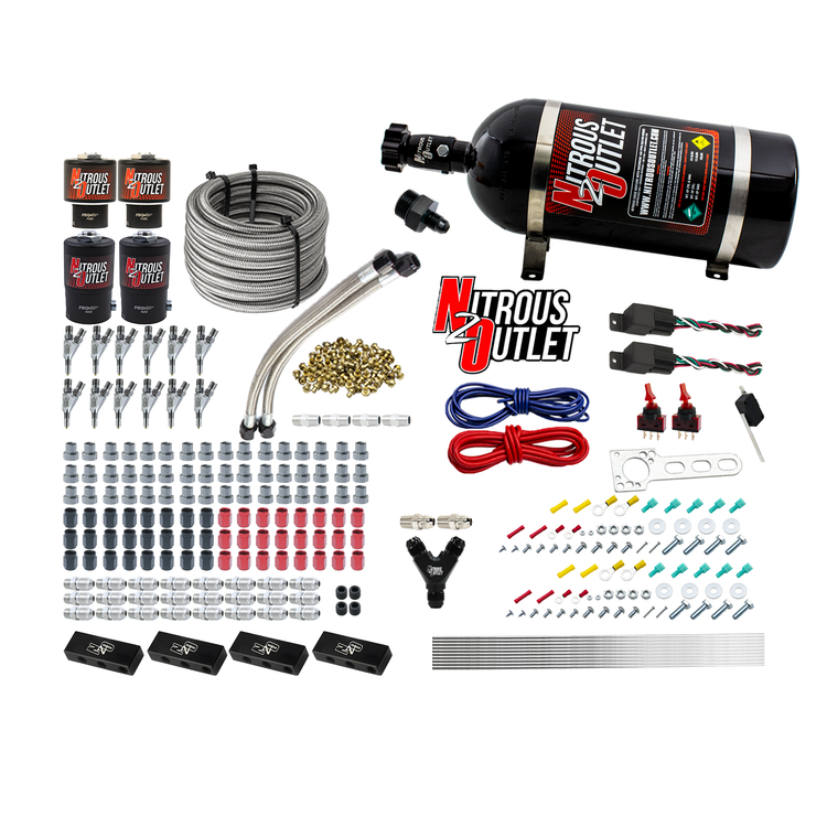 Nitrous Outlet 6 Cylinder Dual Stage Direct Port System - Two .122 Nitrous Solenoids/Two .177 Fuel Solenoids/Distribution Blocks/Annular Discharge Nozzles (E85)(45-55 psi)(75-375HP)(10lb Bottle)