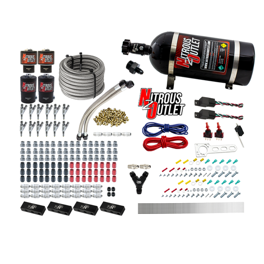 Nitrous Outlet 6 Cylinder Dual Stage Direct Port System - Two .122 Nitrous Solenoids/Two .177 Fuel Solenoids/Distribution Blocks/Annular Discharge Nozzles (E85)(45-55 psi)(75-375HP)(10lb Bottle)