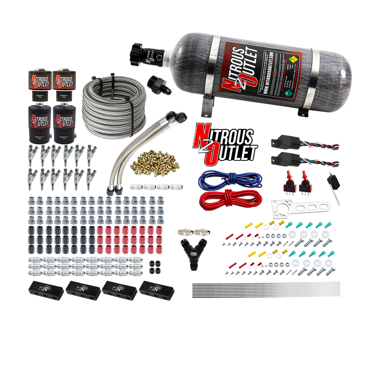 Nitrous Outlet 6 Cylinder Dual Stage Direct Port System - Two .122 Nitrous Solenoids/Two .177 Fuel Solenoids/Distribution Blocks/Annular Discharge Nozzles (E85)(45-55 psi)(75-375HP)(12lb Bottle)