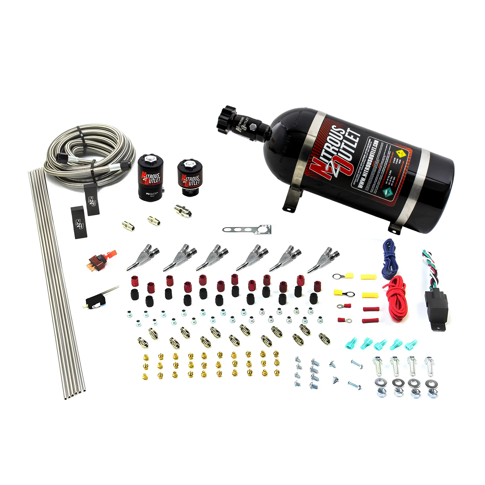 Nitrous Outlet 6 Cylinder Direct Port System - .122 Nitrous Solenoid/.177 Fuel Solenoid/Distribution Blocks/Annular Degree Discharge Nozzles (Gas)(45-55 psi)(10lb Bottle)