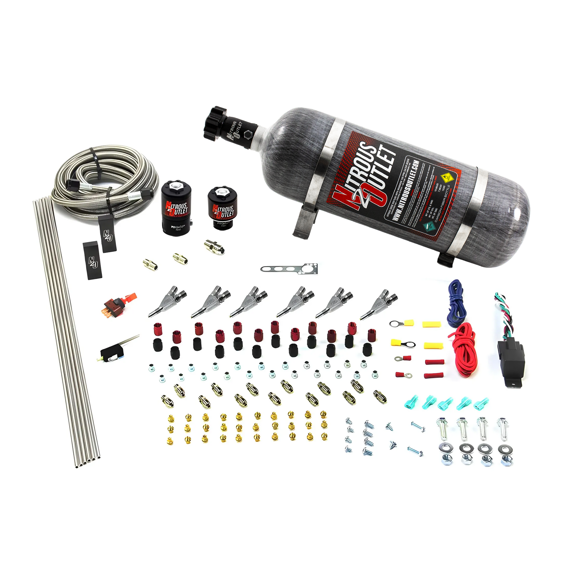 Nitrous Outlet 6 Cylinder Direct Port System - .122 Nitrous Solenoid/.177 Fuel Solenoid/Distribution Blocks/Annular Degree Discharge Nozzles (Gas)(45-55 psi)(12lb Bottle)