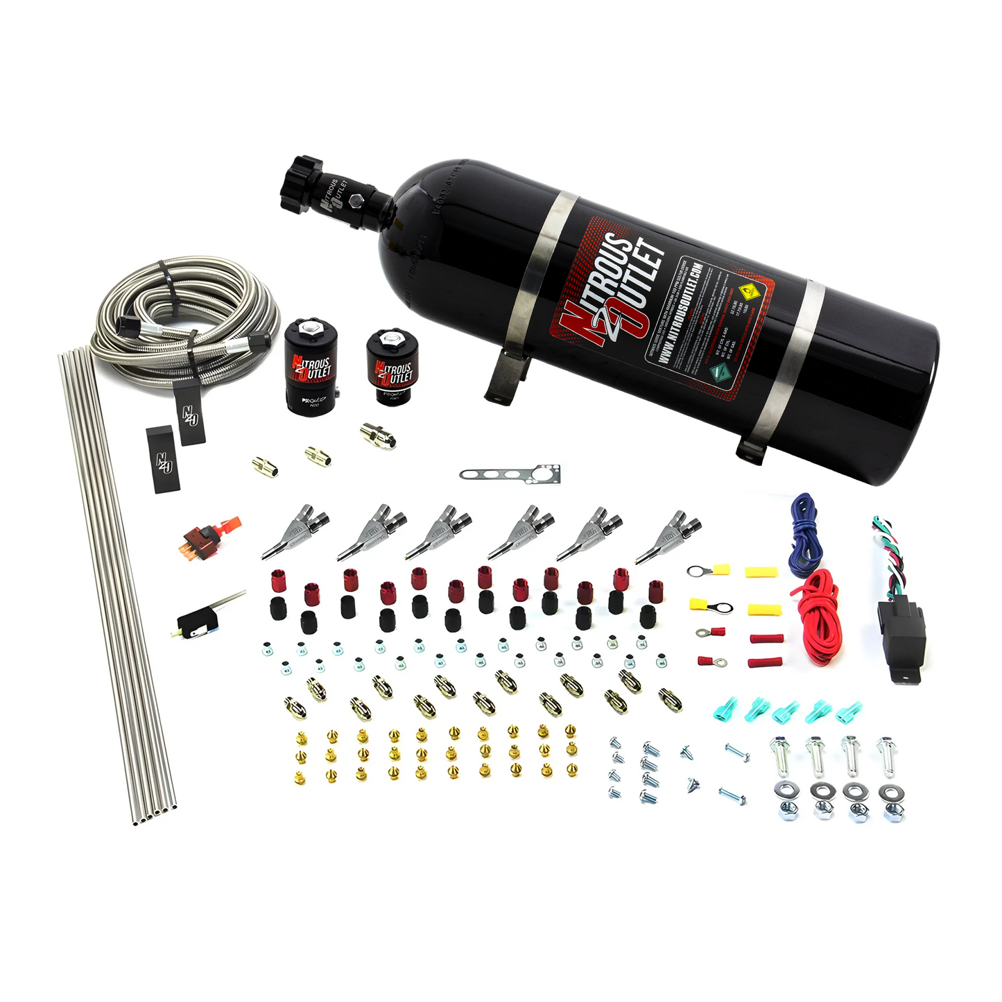 Nitrous Outlet 6 Cylinder Direct Port System - .122 Nitrous Solenoid/.177 Fuel Solenoid/Distribution Blocks/Annular Degree Discharge Nozzles (Gas)(45-55 psi)(15lb Bottle)