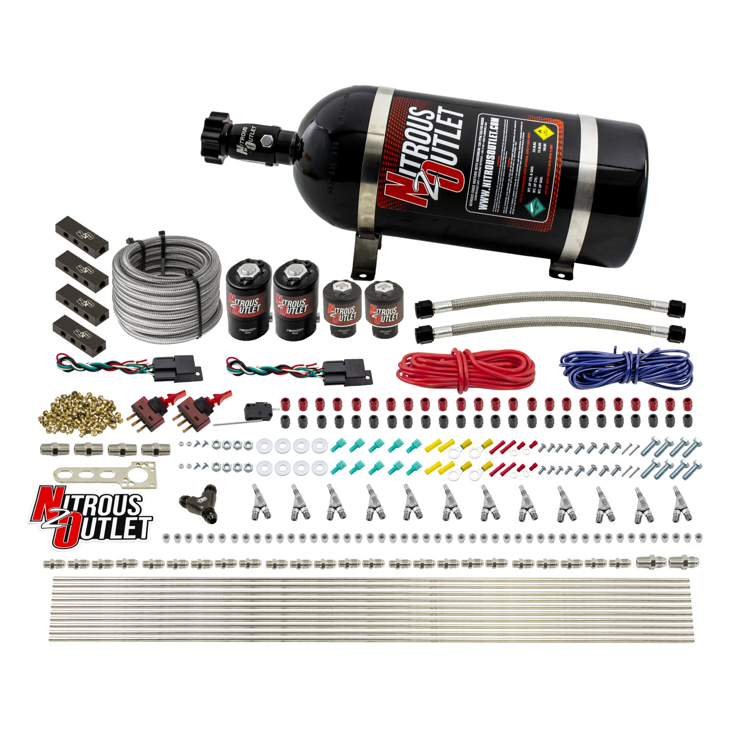 Nitrous Outlet 6 Cylinder Dual Stage Direct Port System - Two .122 Nitrous Solenoids/Two .177 Fuel Solenoids/Distribution Blocks/Annular Discharge Nozzles (Gas)(45-55 psi)(75-375HP)(10lb Bottle)