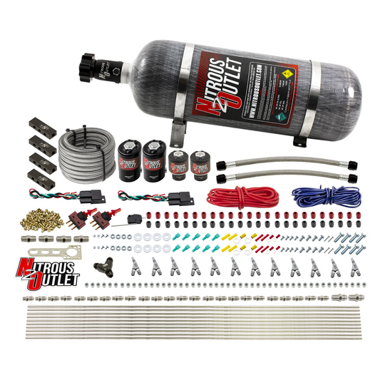 Nitrous Outlet 6 Cylinder Dual Stage Direct Port System - Two .122 Nitrous Solenoids/Two .177 Fuel Solenoids/Distribution Blocks/Annular Discharge Nozzles (Gas)(45-55 psi)(75-375HP)(12lb Bottle)