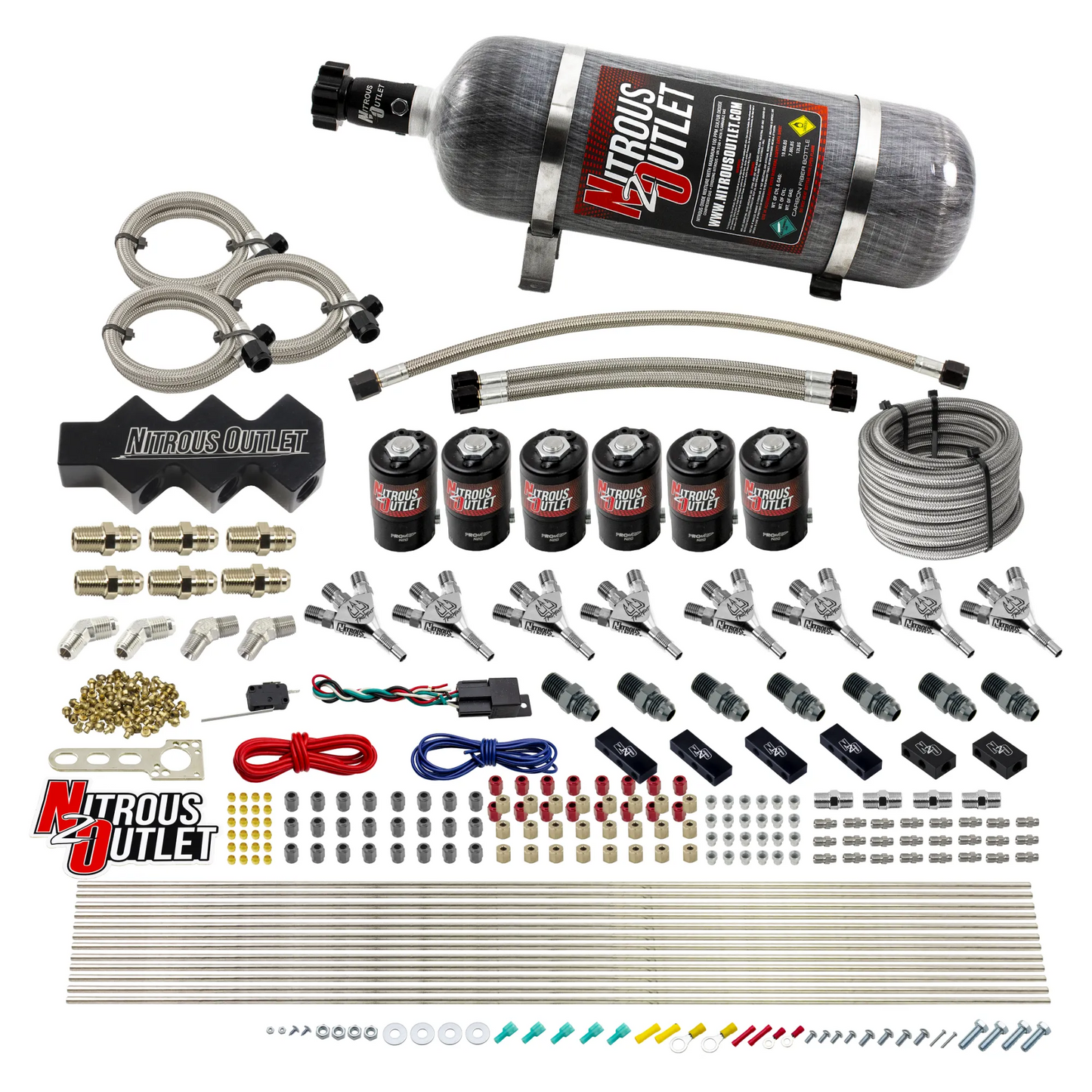 Nitrous Outlet Dry 8 Cylinder Three Stage Direct Port System - Three .112 Nitrous Solenoids/Trident Distribution Blocks/ Trident Nozzles(100-400HP)(12lb Bottle)