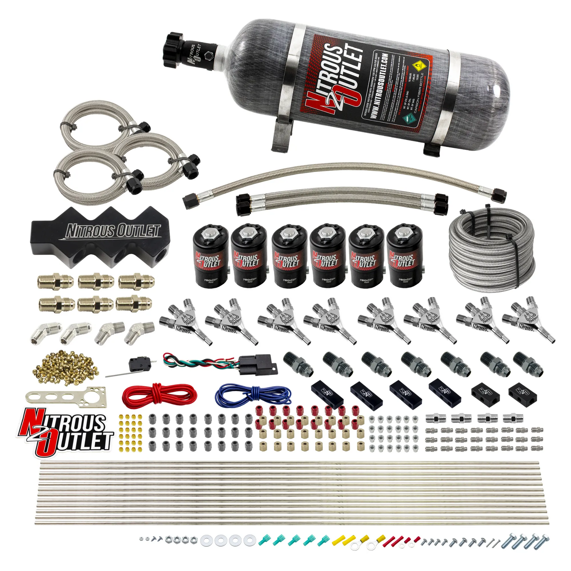 Nitrous Outlet Dry 8 Cylinder Three Stage Direct Port System - Three .112 Nitrous Solenoids/Trident Distribution Blocks/ Trident Nozzles(100-400HP)(12lb Bottle)