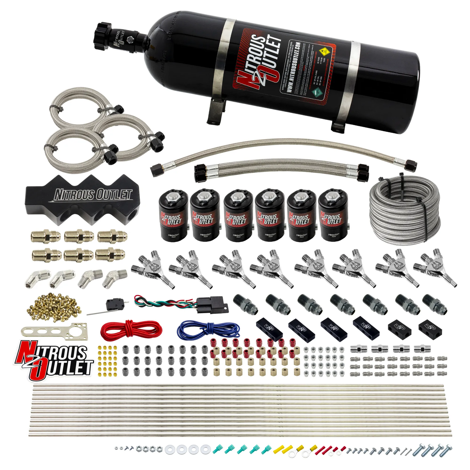Nitrous Outlet Dry 8 Cylinder Three Stage Direct Port System - Three .112 Nitrous Solenoids/Trident Distribution Blocks/ Trident Nozzles(100-400HP)(15lb Bottle)