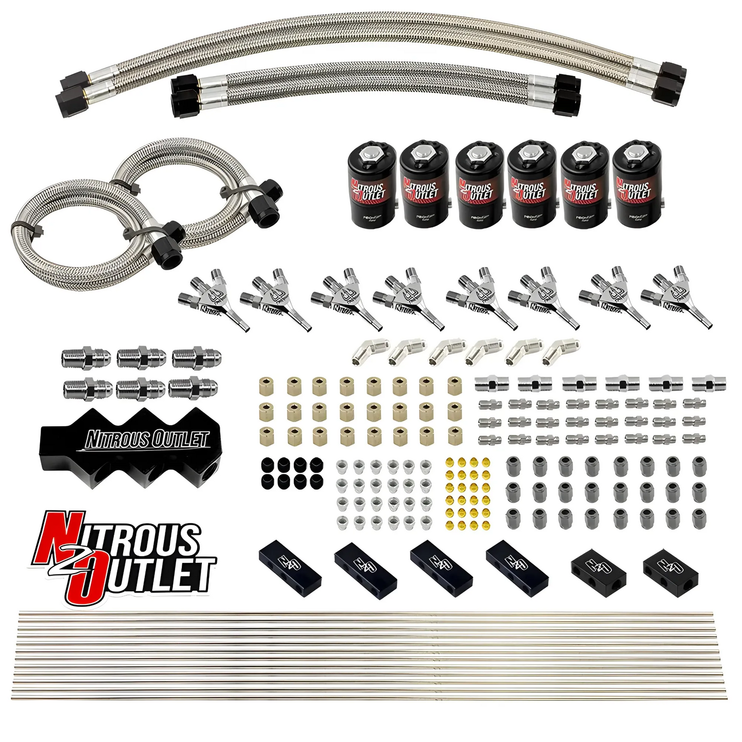 Nitrous Outlet Dry 8 Cylinder Three Stage Direct Port Conversion Kit - Three .112 Nitrous Solenoids/Trident Distribution Blocks/ Trident Nozzles (Includes One Jet Setting Per Stage)