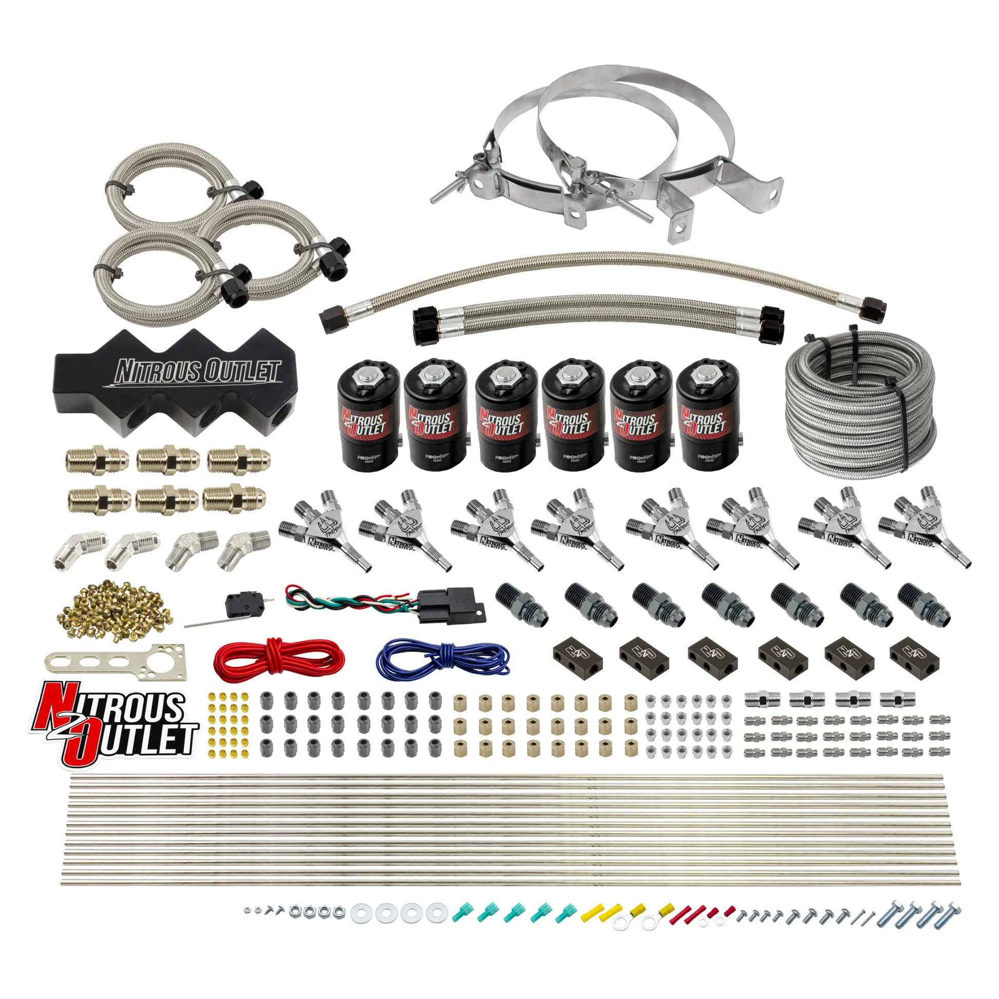 Nitrous Outlet Dry 8 Cylinder Three Stage Direct Port System - Three .112 Nitrous Solenoids/1 In 4 Out Distribution Blocks/ Trident Nozzles(100-400HP)(No Bottle)