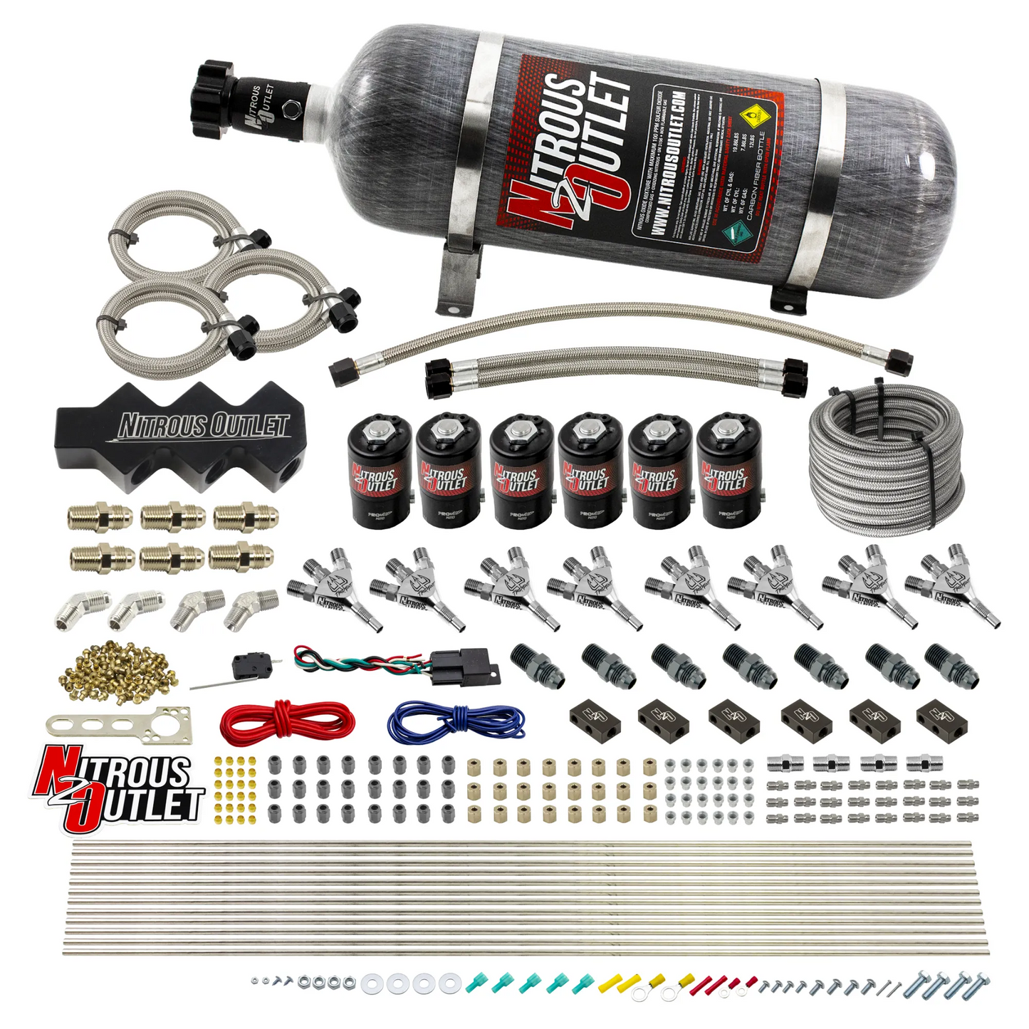 Nitrous Outlet Dry 8 Cylinder Three Stage Direct Port System - Three .112 Nitrous Solenoids/1 In 4 Out Distribution Blocks/ Trident Nozzles(100-400HP)(12lb Bottle)