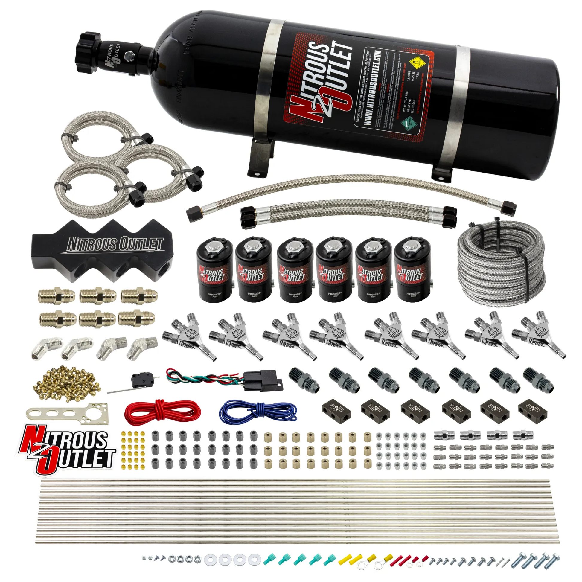 Nitrous Outlet Dry 8 Cylinder Three Stage Direct Port System - Three .112 Nitrous Solenoids/1 In 4 Out Distribution Blocks/ Trident Nozzles(100-400HP)(15lb Bottle)