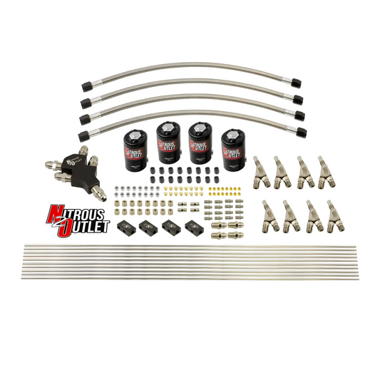 Nitrous Outlet Dry 8 Cylinder Dual Stage Solenoids Forward Direct Port Conversion Kit - Four .122 Nitrous Solenoids/ Compact Distribution Blocks/Compression Fittings/Annular Discharge Nozzles (Includes 200HP Jetting)