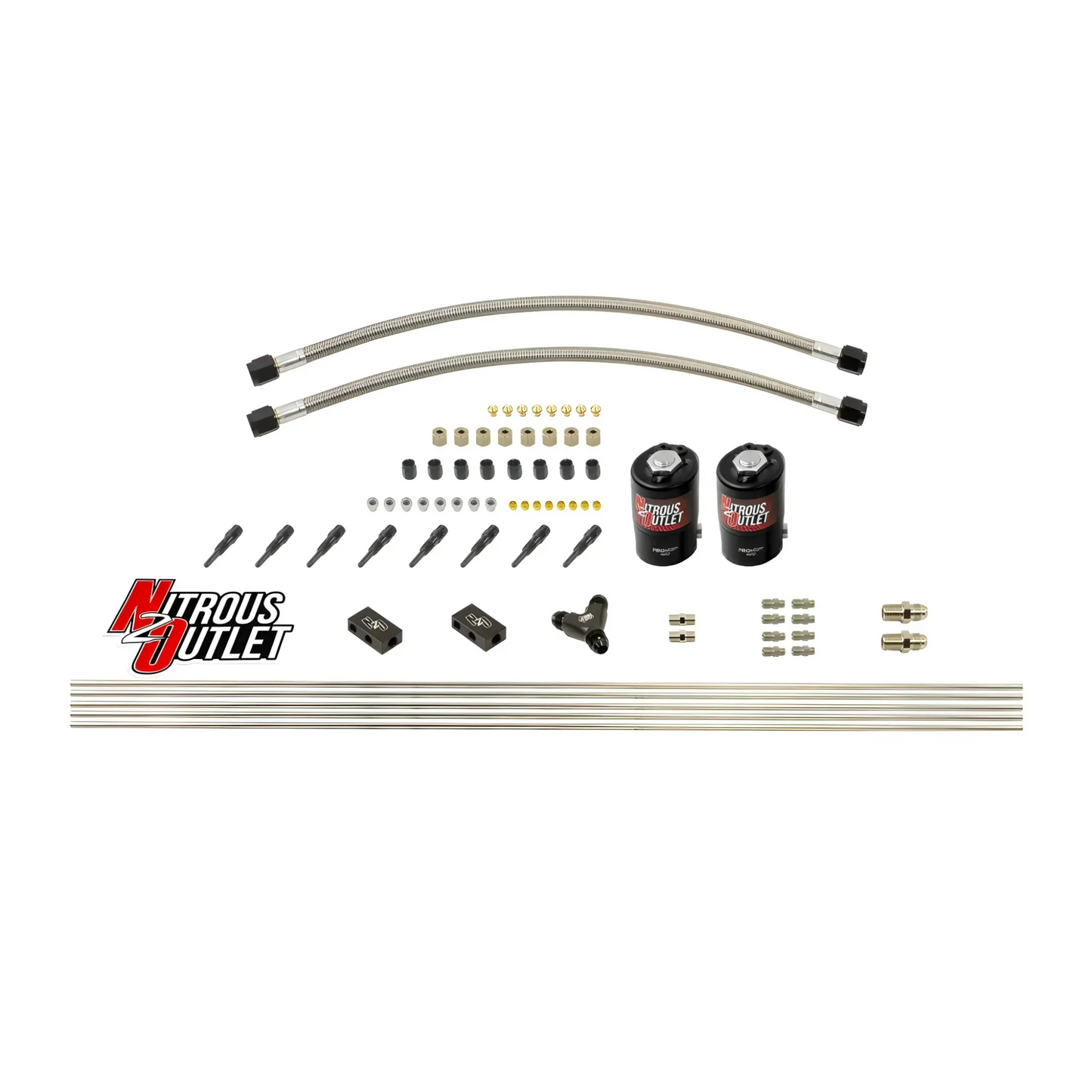 Nitrous Outlet Dry 8 Cylinder Solenoid Forward Direct Port Conversion Kit - Two .122 Nitrous Solenoids/ Compact Distribution Blocks/Compression Fittings/90 Degree Discharge Nozzles (Includes 200HP Jetting)