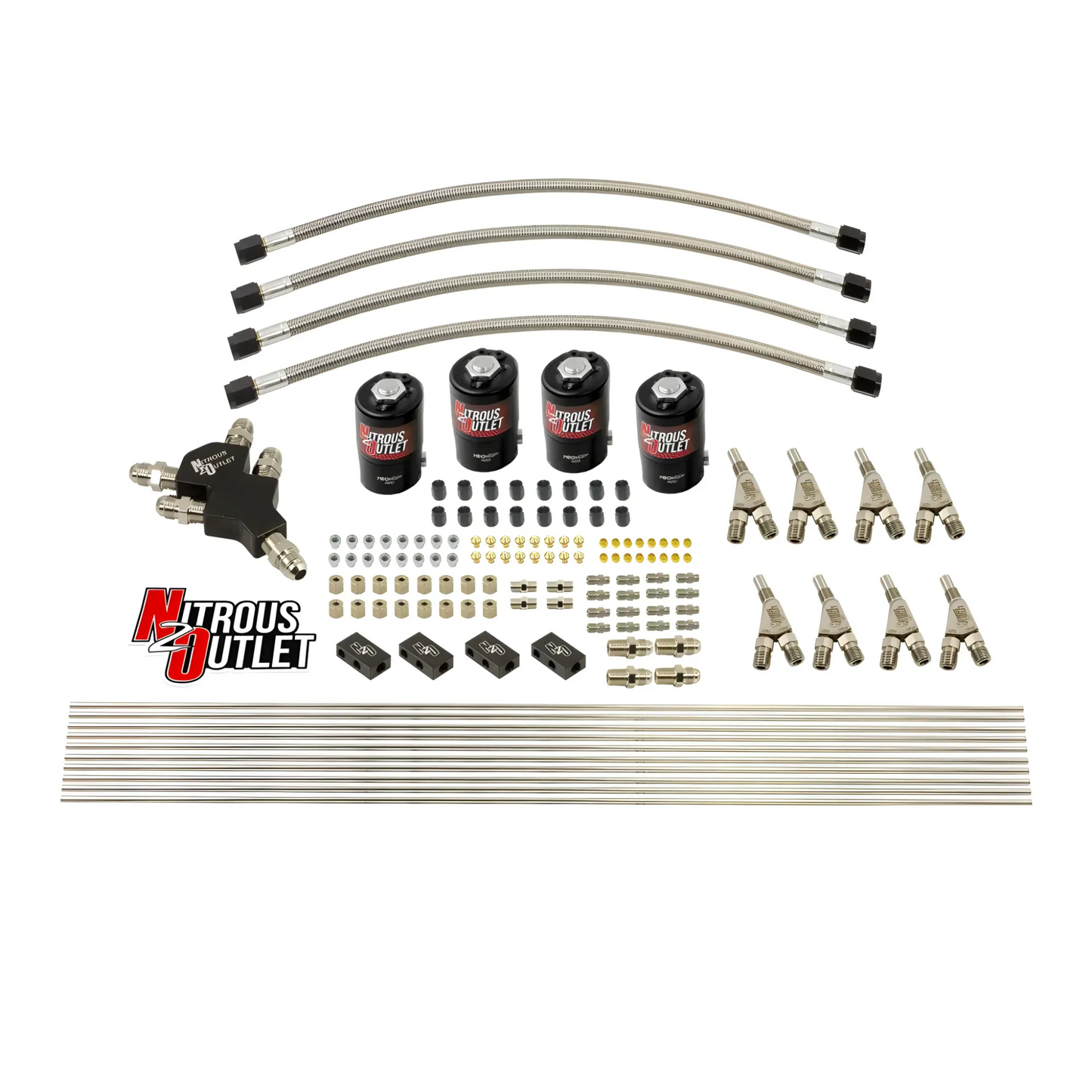 Nitrous Outlet Dry 8 Cylinder Dual Stage Solenoids Forward Direct Port Conversion Kit - Four .112 Nitrous Solenoids/ Compact Distribution Blocks/Compression Fittings/Annular Discharge Nozzles (Includes 200HP Jetting)
