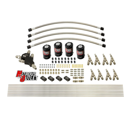 Nitrous Outlet Dry 8 Cylinder Dual Stage Solenoids Forward Direct Port Conversion Kit - Four .112 Nitrous Solenoids/ Compact Distribution Blocks/Compression Fittings/Annular Discharge Nozzles (Includes 200HP Jetting)