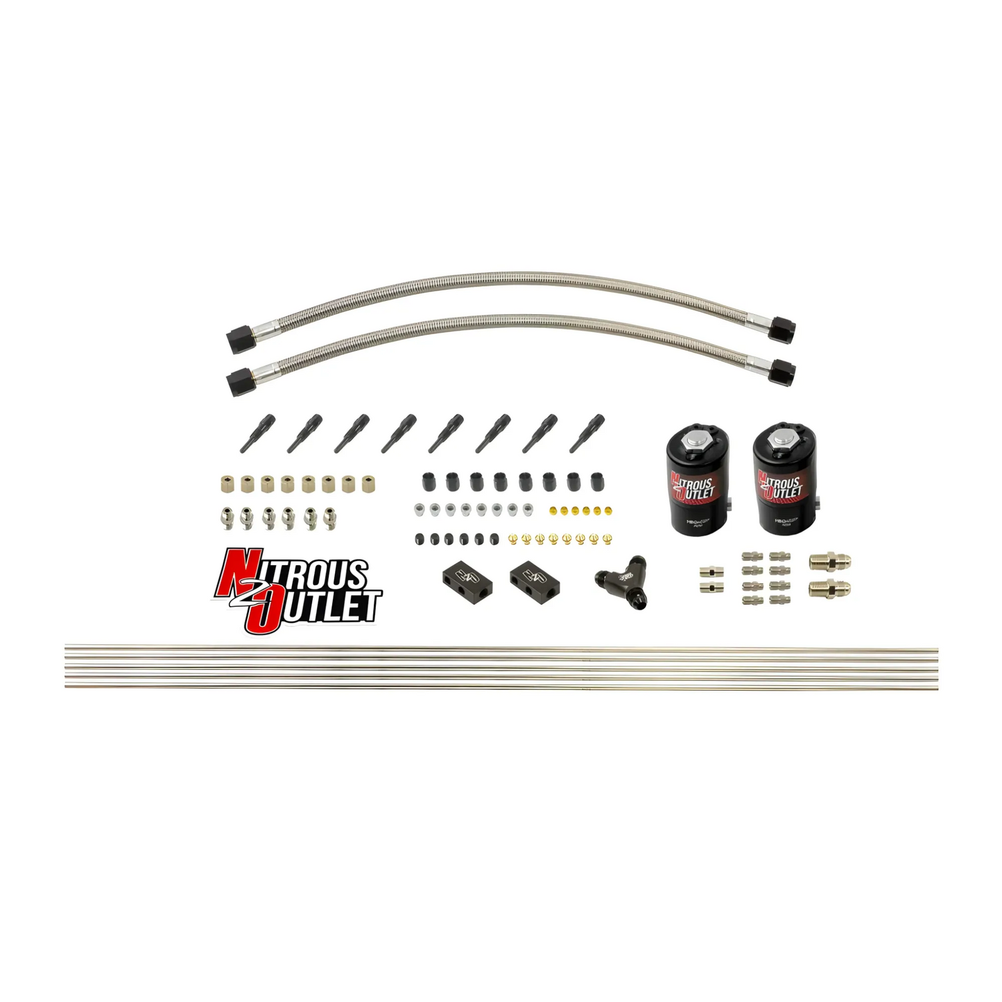 Nitrous Outlet Dry 8 Cylinder Solenoid Forward Direct Port Conversion Kit - Two .112 Nitrous Solenoids/ Compact Distribution Blocks/Compression Fittings/90 Degree Discharge Nozzles (Includes 200HP Jetting)