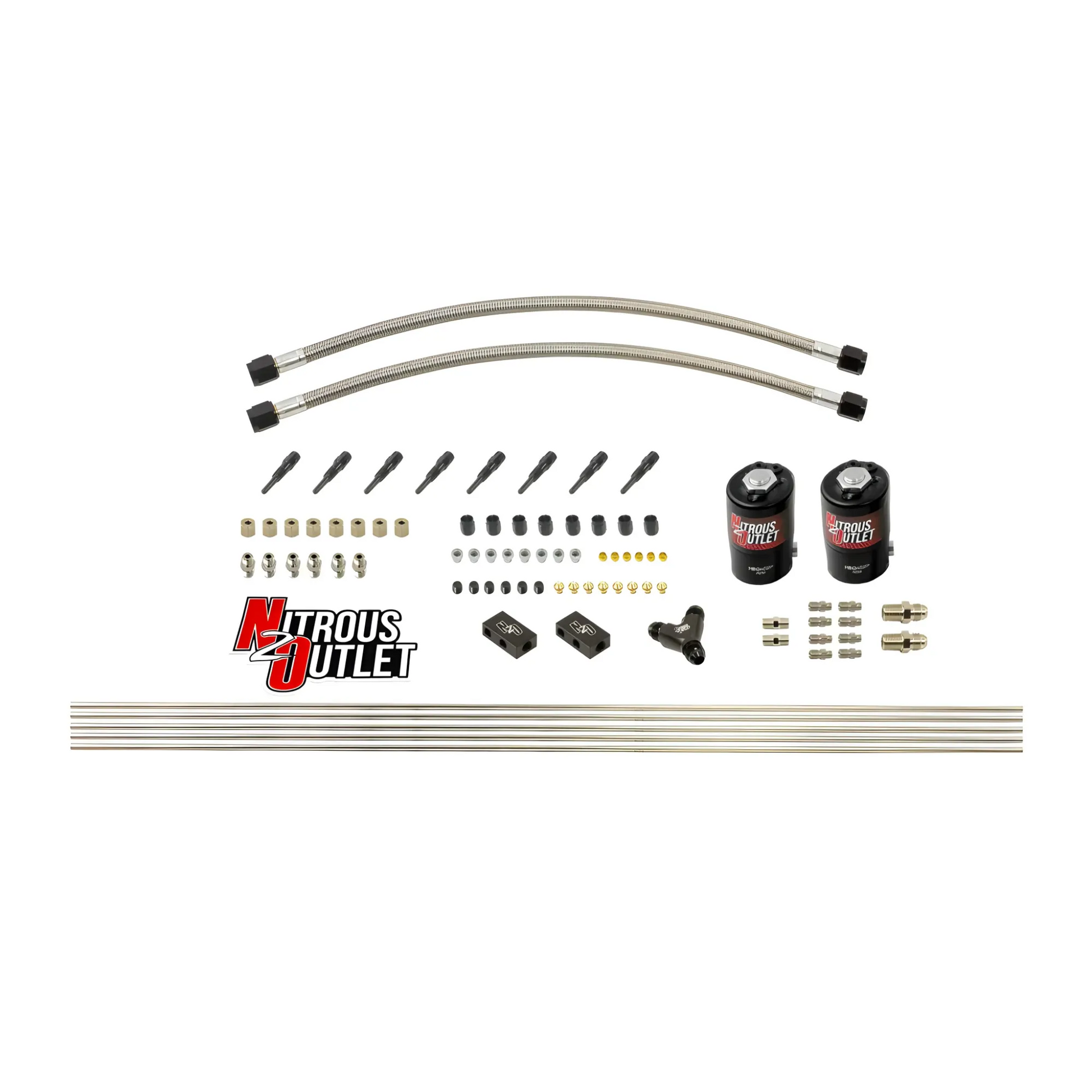 Nitrous Outlet Dry 8 Cylinder Solenoid Forward Direct Port Conversion Kit - Two .112 Nitrous Solenoids/ Compact Distribution Blocks/Compression Fittings/90 Degree Discharge Nozzles (Includes 200HP Jetting)