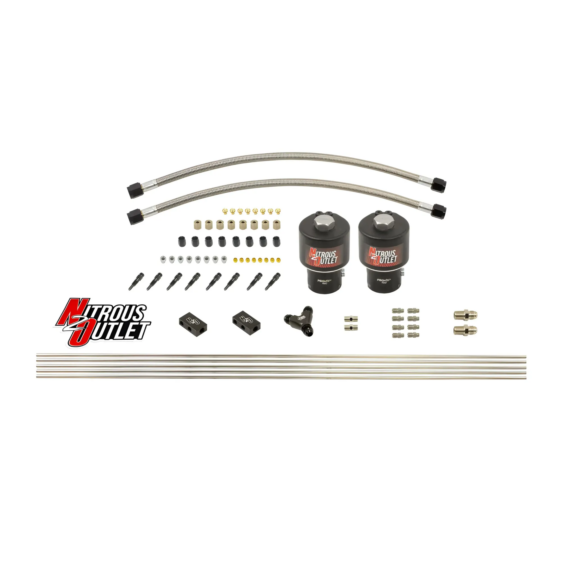 Nitrous Outlet Dry 8 Cylinder Solenoid Forward Direct Port Conversion Kit - Two .178 Trashcan Nitrous Solenoids/ Compact Distribution Blocks/Compression Fittings/Annular Discharge Nozzles (Includes 200HP Jetting)