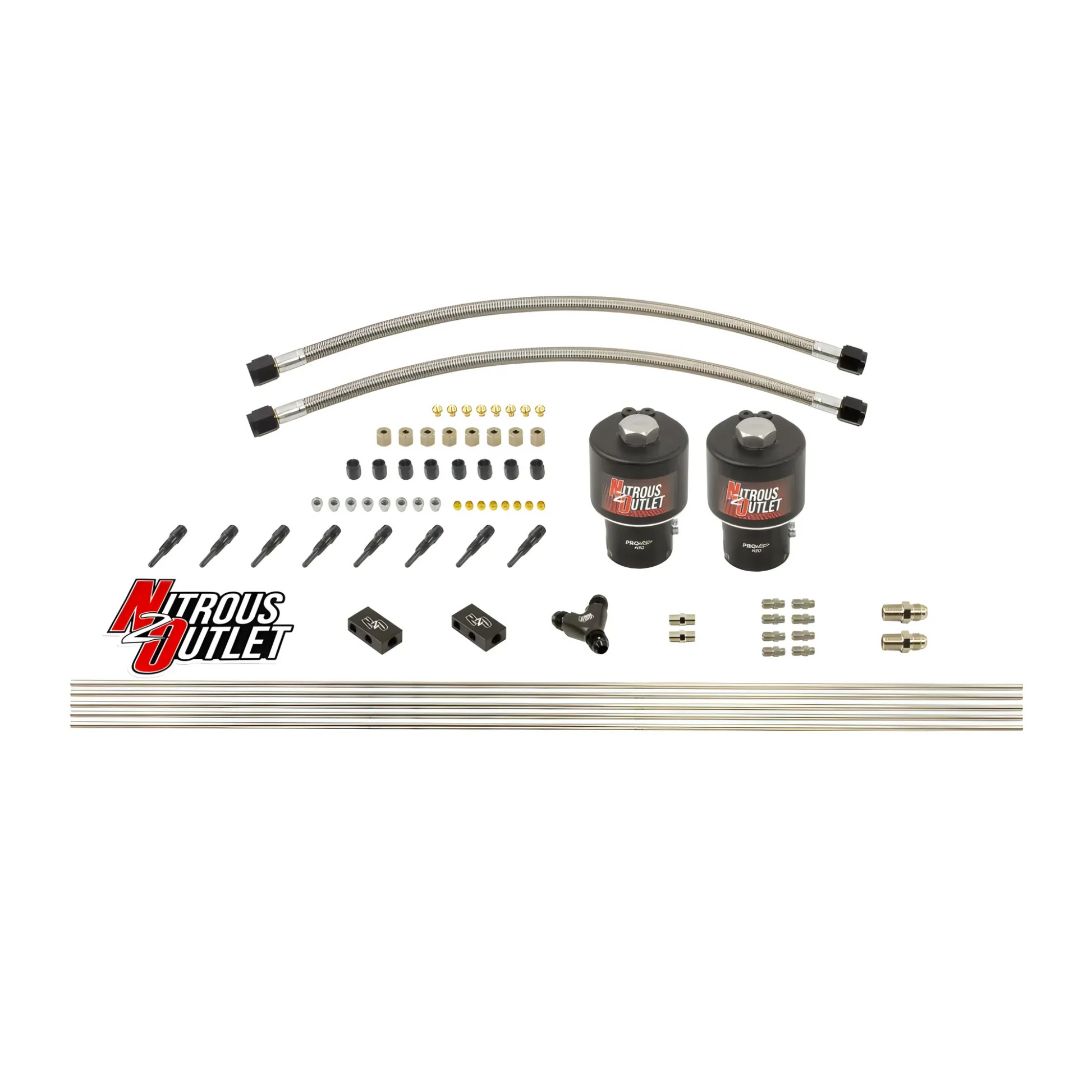 Nitrous Outlet Dry 8 Cylinder Solenoid Forward Direct Port Conversion Kit - Two .178 Trashcan Nitrous Solenoids/ Compact Distribution Blocks/Compression Fittings/90 Degree Discharge Nozzles (Includes 200HP Jetting)