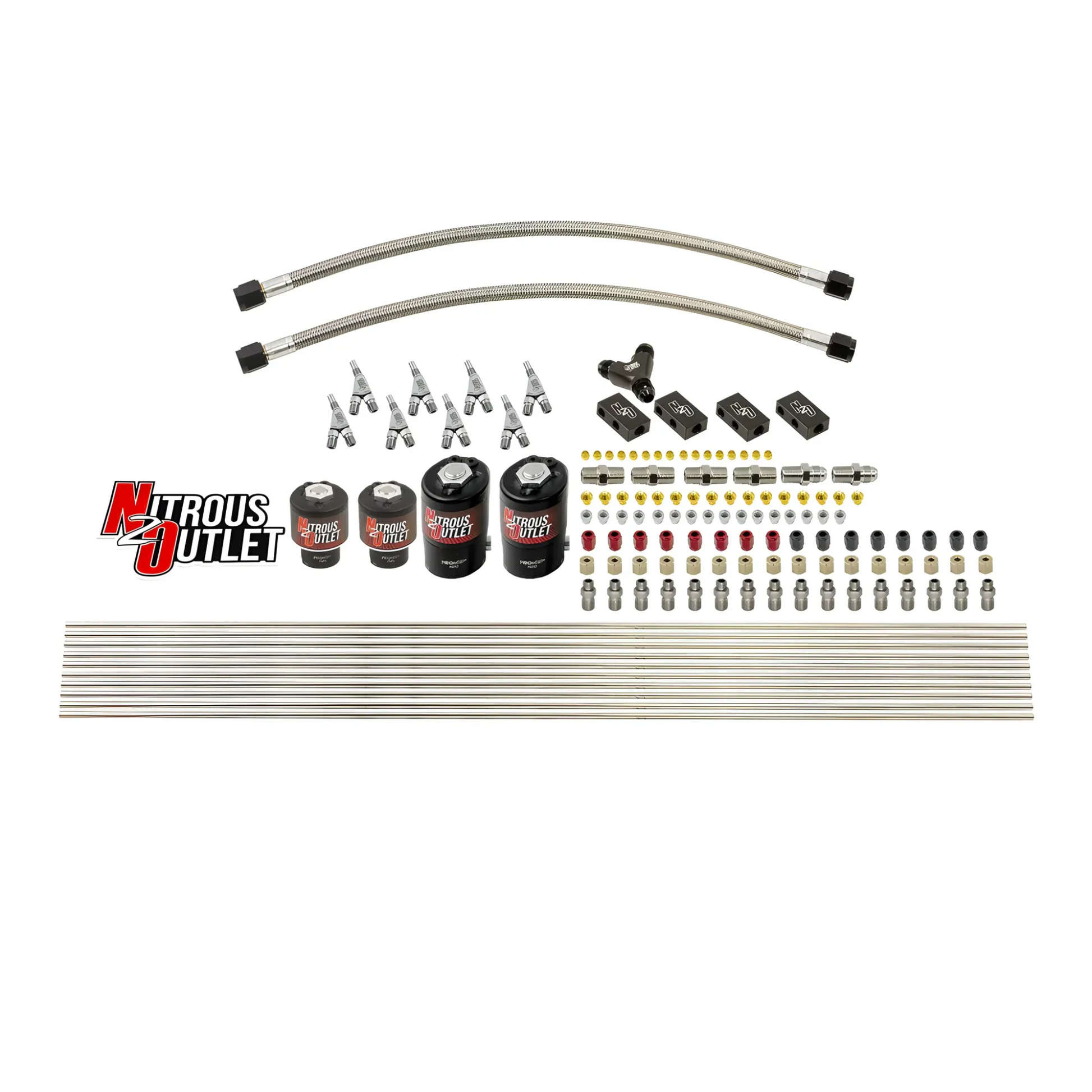 Nitrous Outlet 8 Cylinder Solenoids Forward Direct Port Conversion Kit - Two .122 Nitrous Solenoids/Two .177 Fuel Solenoids/Distribution Blocks/Compression Fittings/Annular Discharge Nozzles (Includes 200HP Jetting - Gas/7 psi)
