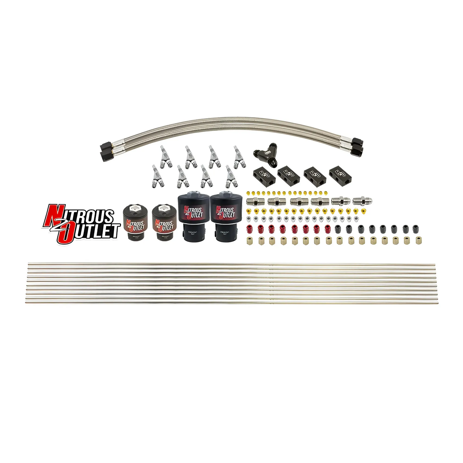 Nitrous Outlet 8 Cylinder Solenoids Forward Direct Port Conversion Kit - Two .178 Trashcan Nitrous Solenoids/Two .177 Fuel Solenoids/Distribution Blocks/Compression Fittings/Annular Discharge Nozzles (Includes 200HP Jetting - Gas/7 psi)