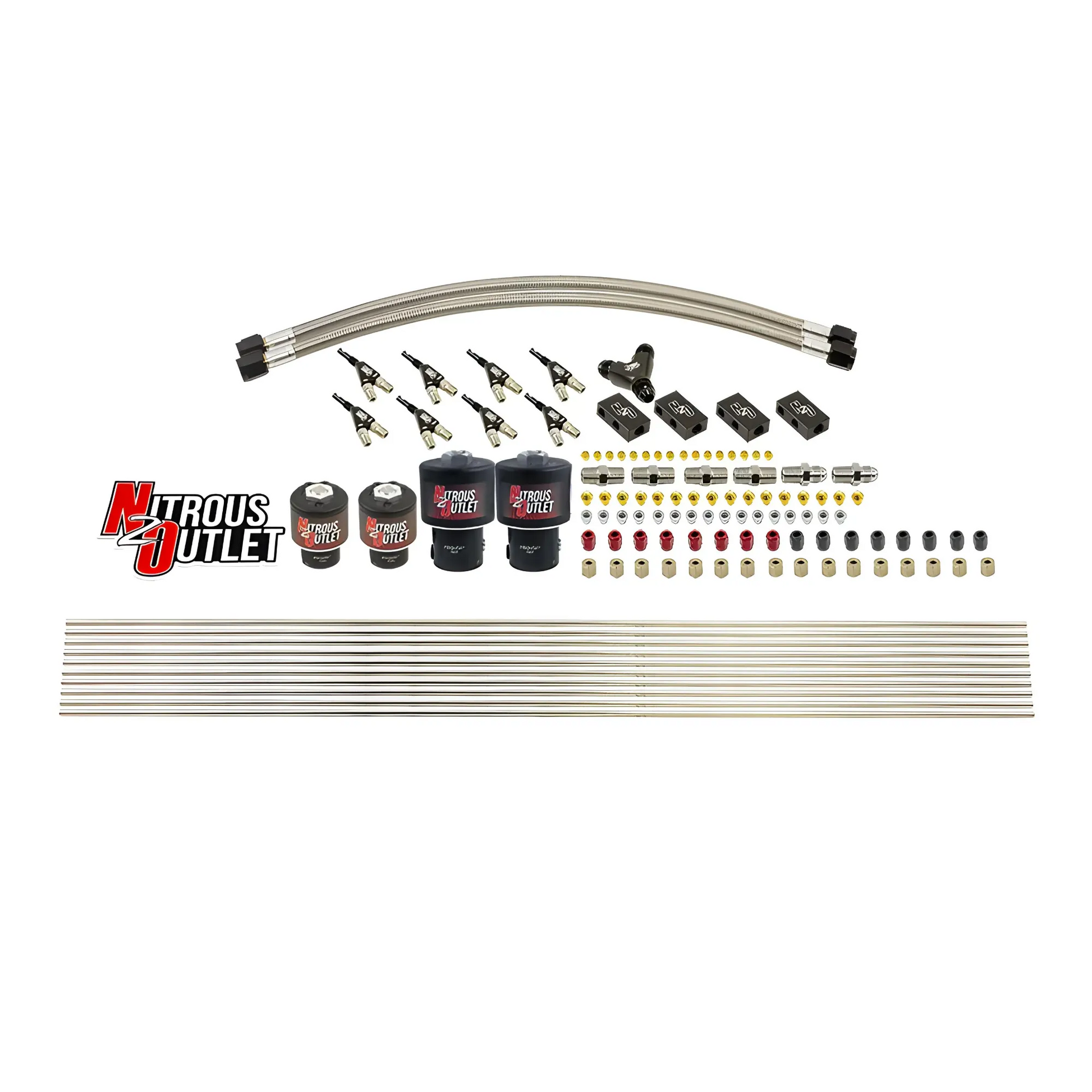 Nitrous Outlet 8 Cylinder Solenoids Forward Direct Port Conversion Kit - Two .178 Trashcan Nitrous Solenoids/Two .177 Fuel Solenoids/Distribution Blocks/Compression Fittings/90 Degree Discharge Nozzles (Includes 200HP Jetting - Gas/7 psi)