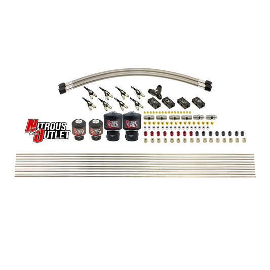 Nitrous Outlet 8 Cylinder Solenoids Forward Direct Port Conversion Kit - Two .178 Trashcan Nitrous Solenoids/Two .177 Fuel Solenoids/Distribution Blocks/Compression Fittings/90 Degree Discharge Nozzles (Includes 200HP Jetting - Gas/7 psi)