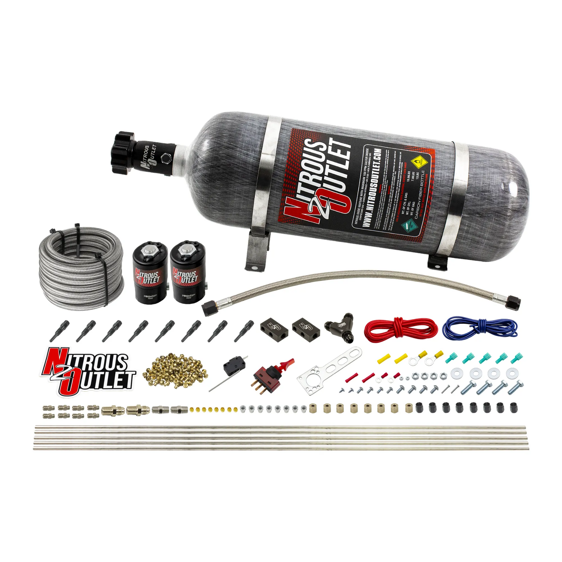 Nitrous Outlet Dry 8 Cylinder Direct Port System - Two .122 Nitrous Solenoids/Compact Distribution Blocks/Compression Fittings/90 Degree Discharge Nozzles (100-400HP)(12lb Bottle)