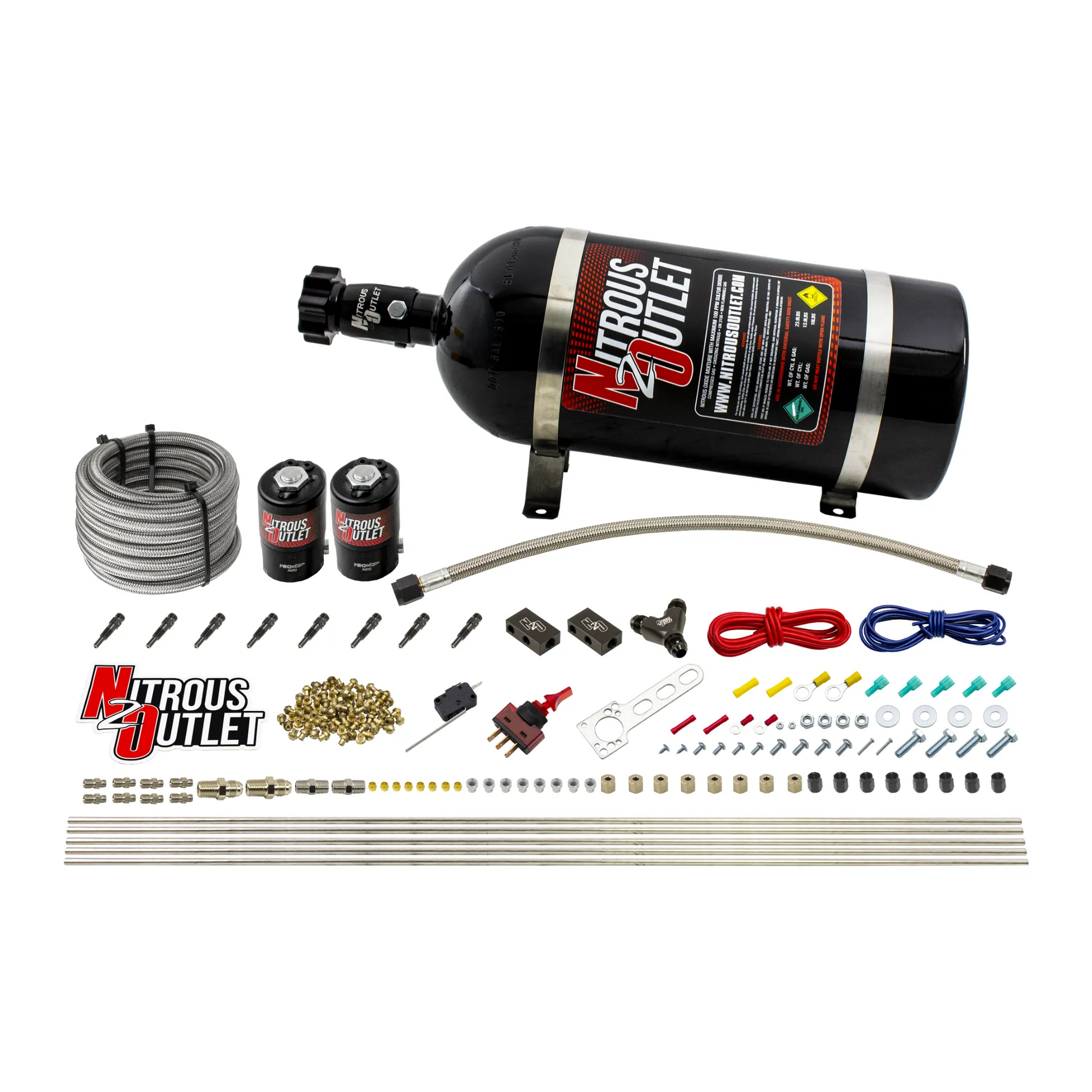 Nitrous Outlet Dry 8 Cylinder Direct Port System - Two .122 Nitrous Solenoids/Compact Distribution Blocks/Compression Fittings/SBT Discharge Nozzles (100-400HP)(10lb Bottle)