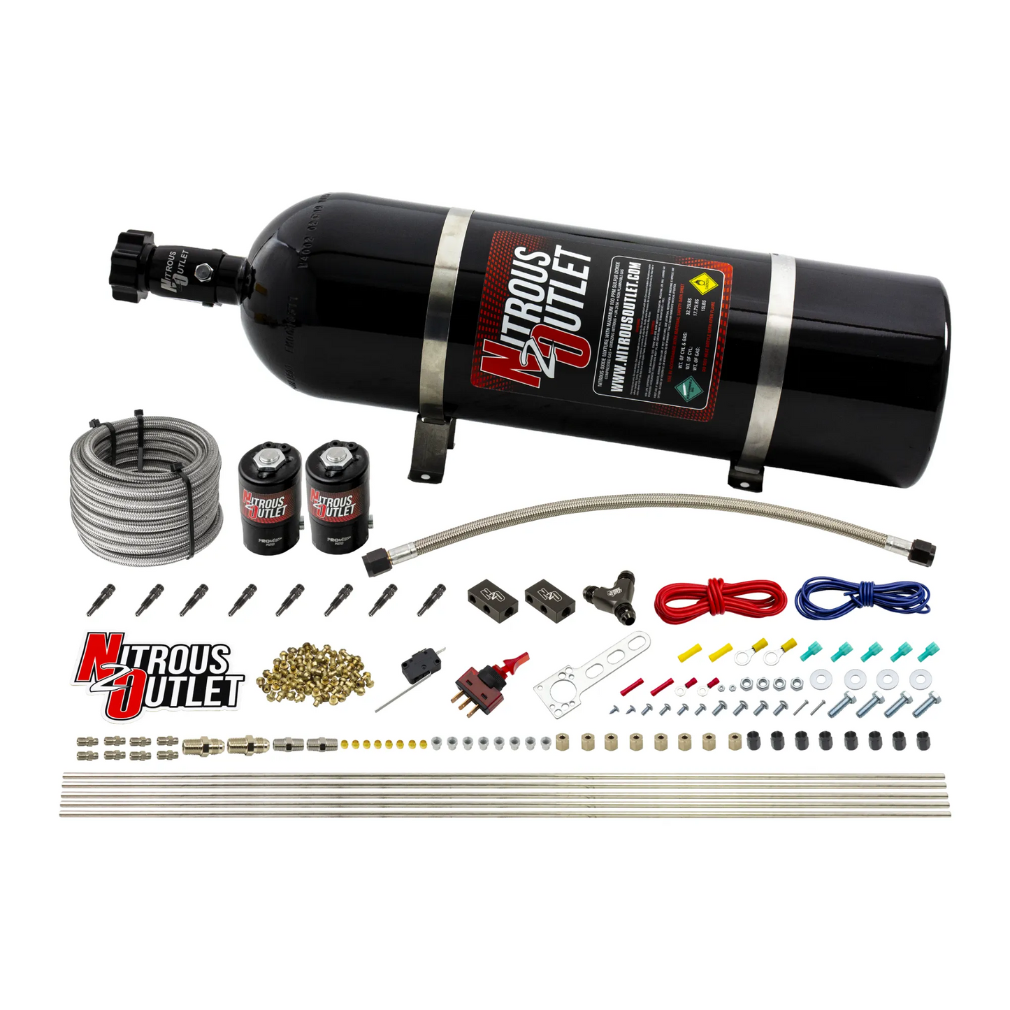 Nitrous Outlet Dry 8 Cylinder Direct Port System - Two .122 Nitrous Solenoids/Compact Distribution Blocks/Compression Fittings/SBT Discharge Nozzles (100-400HP)(15lb Bottle)