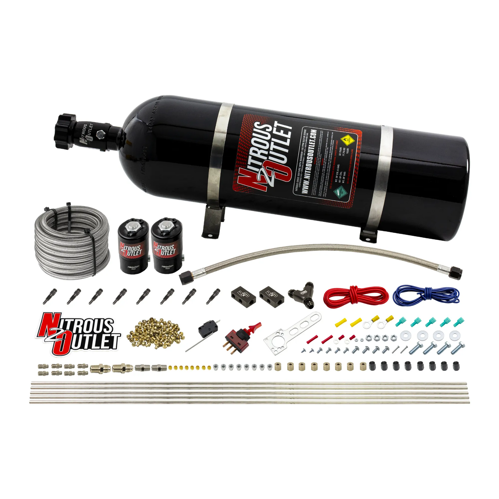 Nitrous Outlet Dry 8 Cylinder Direct Port System - Two .122 Nitrous Solenoids/Compact Distribution Blocks/Compression Fittings/SBT Discharge Nozzles (100-400HP)(15lb Bottle)