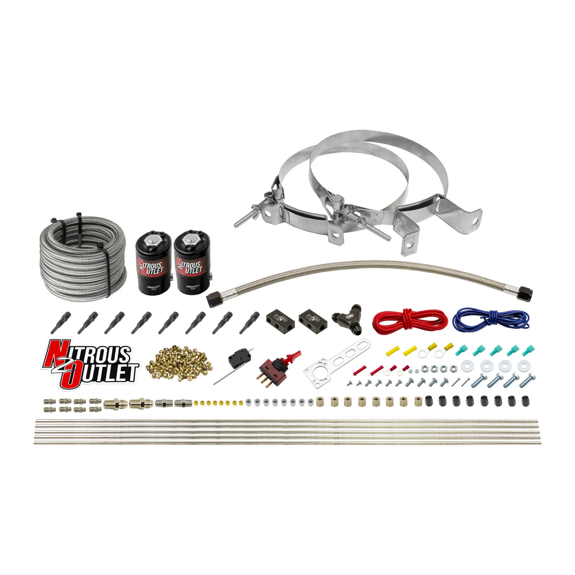 Nitrous Outlet Dry 8 Cylinder Direct Port System - Two .112 Nitrous Solenoids/Compact Distribution Blocks/Compression Fittings/90 Degree Discharge Nozzles (100-400HP)(No Bottle)