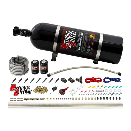 Nitrous Outlet Dry 8 Cylinder Direct Port System - Two .112 Nitrous Solenoids/Compact Distribution Blocks/Compression Fittings/90 Degree Discharge Nozzles (100-400HP)(15lb Bottle)