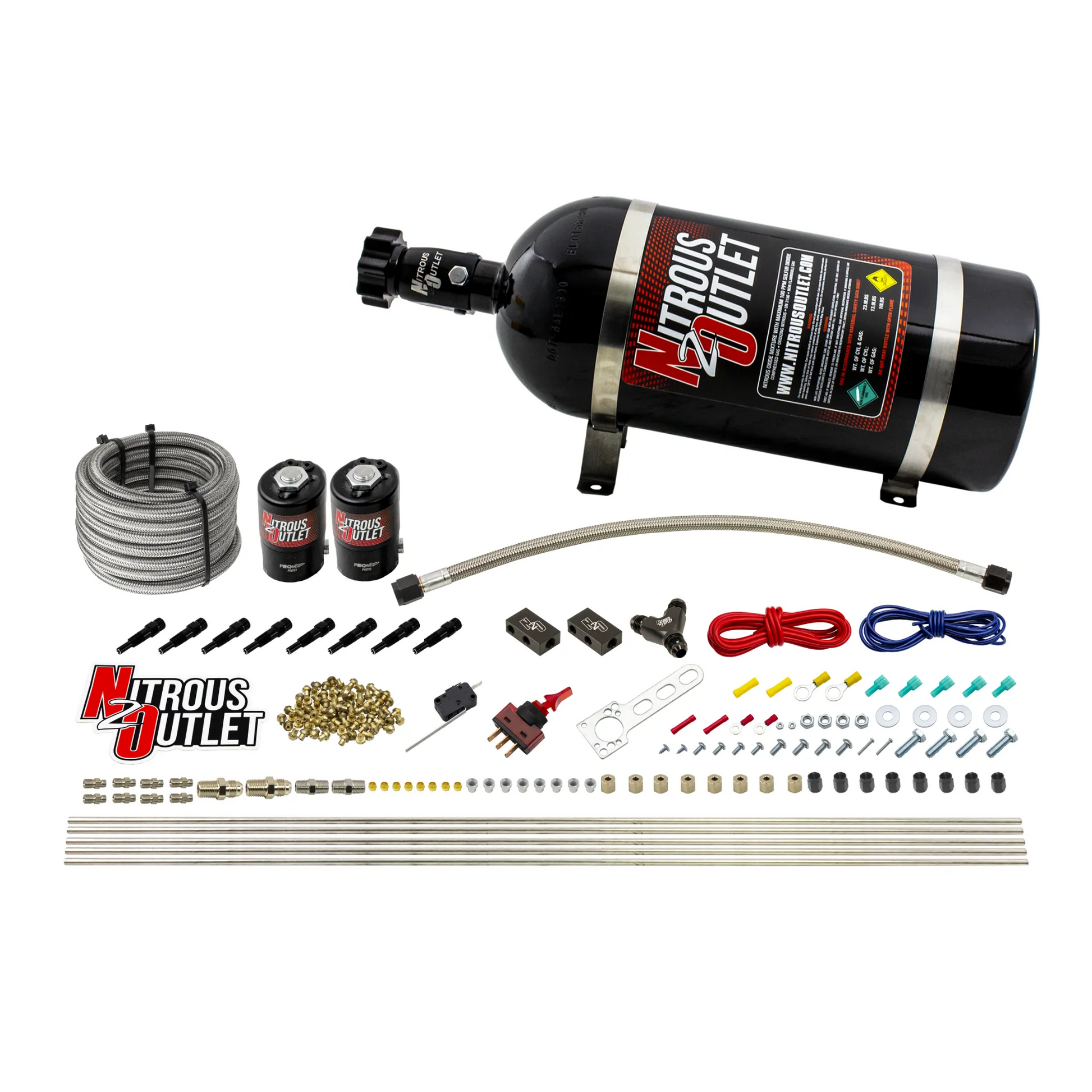 Nitrous Outlet Dry 8 Cylinder Direct Port System - Two .112 Nitrous Solenoids/Compact Distribution Blocks/Compression Fittings/SBT Discharge Nozzles (100-400HP)(10lb Bottle)