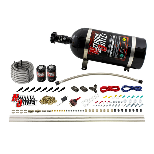 Nitrous Outlet Dry 8 Cylinder Direct Port System - Two .112 Nitrous Solenoids/Compact Distribution Blocks/Compression Fittings/SBT Discharge Nozzles (100-400HP)(10lb Bottle)