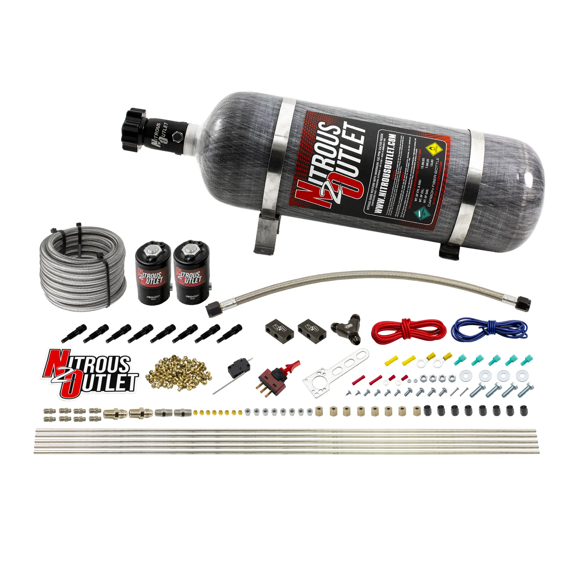 Nitrous Outlet Dry 8 Cylinder Direct Port System - Two .112 Nitrous Solenoids/Compact Distribution Blocks/Compression Fittings/SBT Discharge Nozzles (100-400HP)(12lb Bottle)
