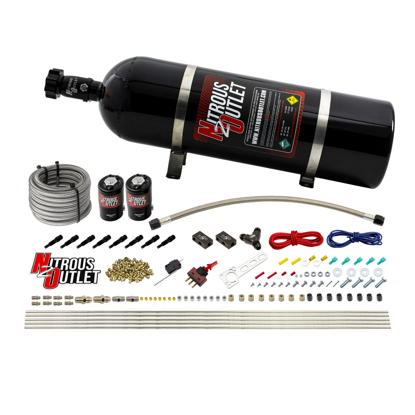 Nitrous Outlet Dry 8 Cylinder Direct Port System - Two .112 Nitrous Solenoids/Compact Distribution Blocks/Compression Fittings/SBT Discharge Nozzles (100-400HP)(15lb Bottle)