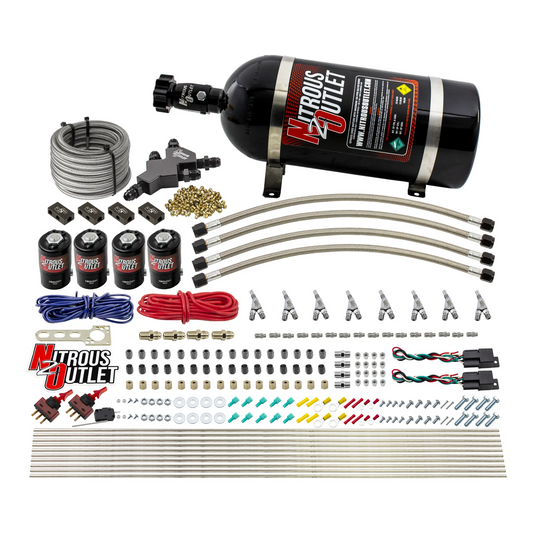 Nitrous Outlet Dry 8 Cylinder Dual Stage Direct Port System - Four .112 Nitrous Solenoids/Compact Distribution Blocks/Compression Fittings/SBT Dual Passage Discharge Nozzles (100-400HP)(10lb Bottle)