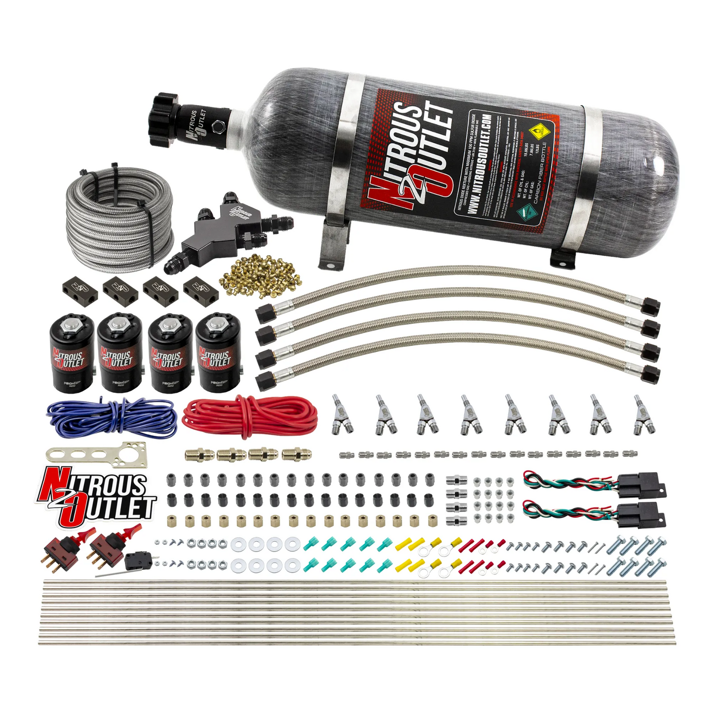 Nitrous Outlet Dry 8 Cylinder Dual Stage Direct Port System - Four .112 Nitrous Solenoids/Compact Distribution Blocks/Compression Fittings/SBT Dual Passage Discharge Nozzles (100-400HP)(12lb Bottle)