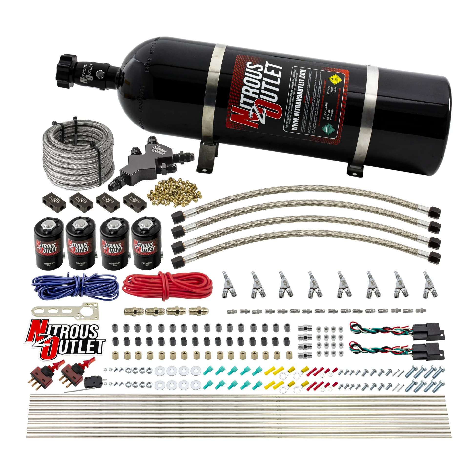 Nitrous Outlet Dry 8 Cylinder Dual Stage Direct Port System - Four .112 Nitrous Solenoids/Compact Distribution Blocks/Compression Fittings/SBT Dual Passage Discharge Nozzles (100-400HP)(15lb Bottle)
