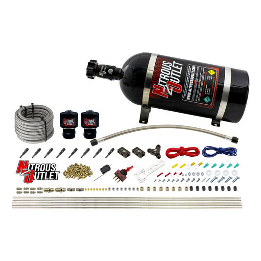 Nitrous Outlet Dry 8 Cylinder Direct Port System - Two .178 Trashcan Nitrous Solenoids/Compact Distribution Blocks/Compression Fittings/90 Degree Discharge Nozzles (100-400HP)(10lb Bottle)