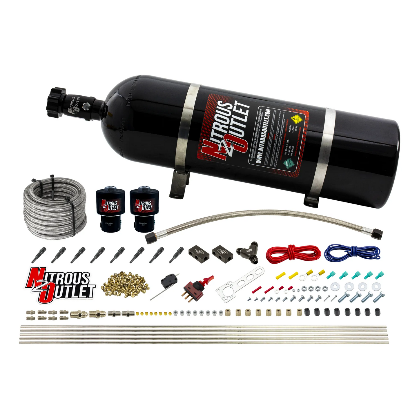 Nitrous Outlet Dry 8 Cylinder Direct Port System - Two .178 Trashcan Nitrous Solenoids/Compact Distribution Blocks/Compression Fittings/90 Degree Discharge Nozzles (100-400HP)(15lb Bottle)