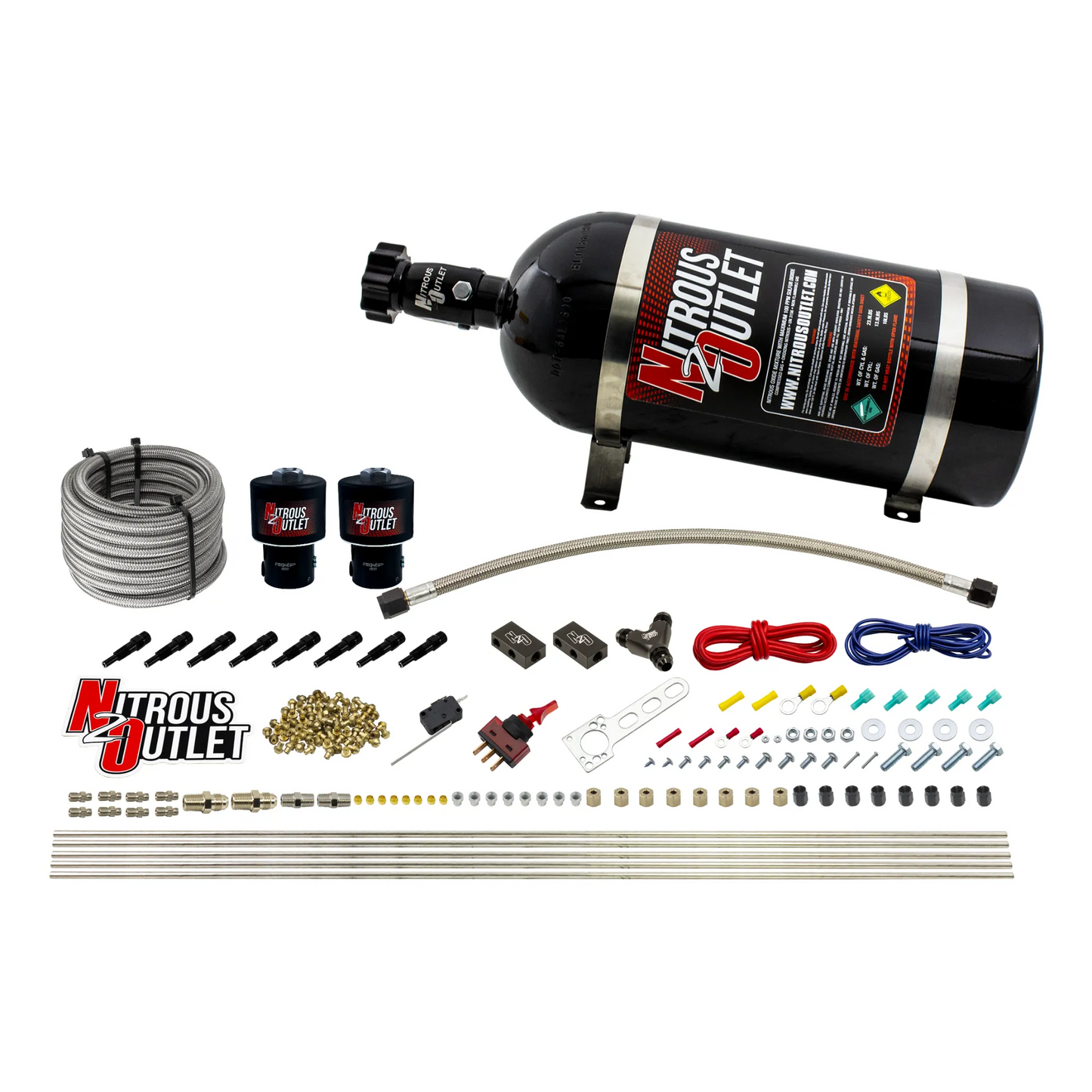 Nitrous Outlet Dry 8 Cylinder Direct Port System - Two .178 Trashcan Nitrous Solenoids/Compact Distribution Blocks/Compression Fittings/SBT Discharge Nozzles (100-400HP)(10lb Bottle)