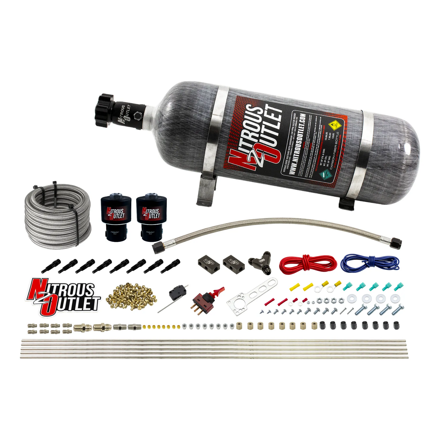Nitrous Outlet Dry 8 Cylinder Direct Port System - Two .178 Trashcan Nitrous Solenoids/Compact Distribution Blocks/Compression Fittings/SBT Discharge Nozzles (100-400HP)(12lb Bottle)