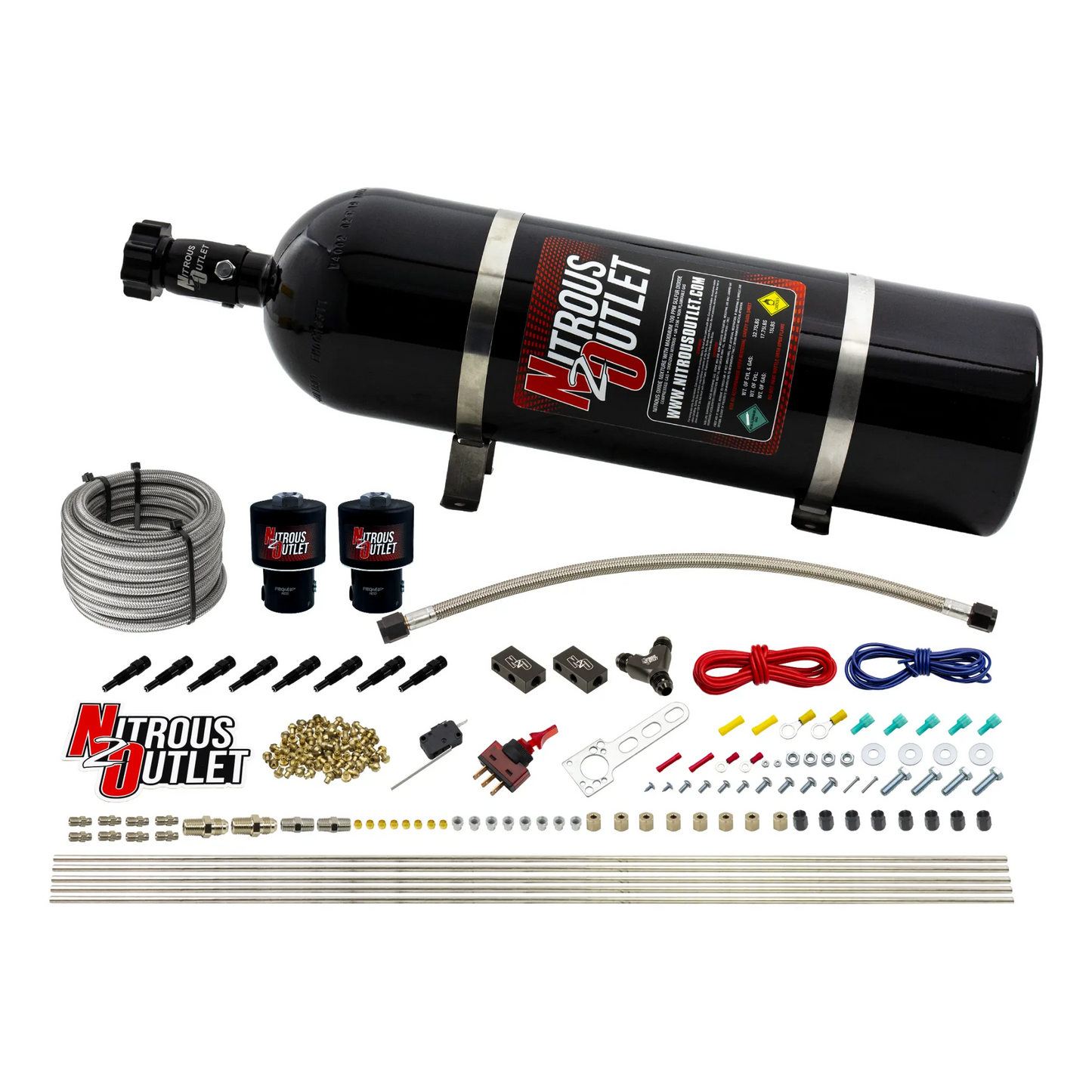 Nitrous Outlet Dry 8 Cylinder Direct Port System - Two .178 Trashcan Nitrous Solenoids/Compact Distribution Blocks/Compression Fittings/SBT Discharge Nozzles (100-400HP)(15lb Bottle)